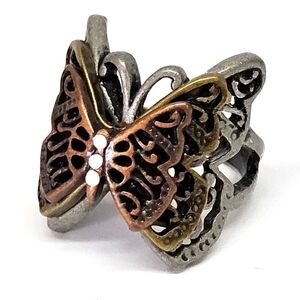 Unique Large Tri-Color 3D Pewter Butterfly Cocktail Ring Size 8